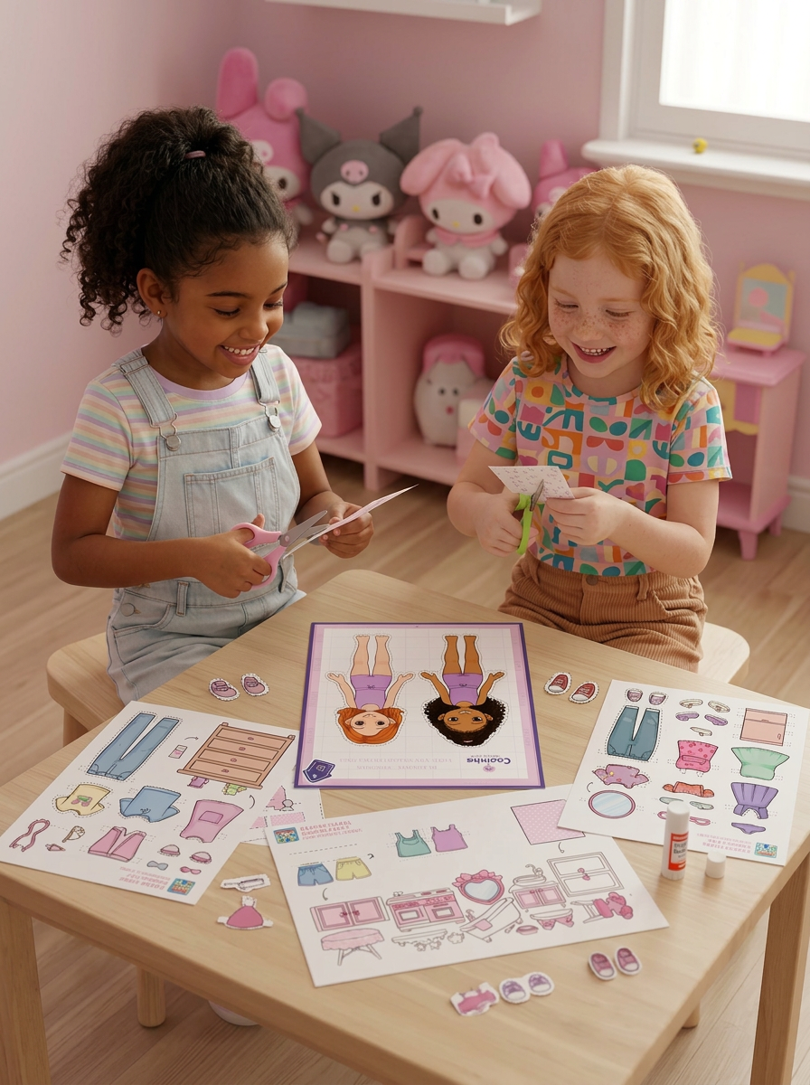 Duas meninas recortando e montando a casinha de papel na mesa