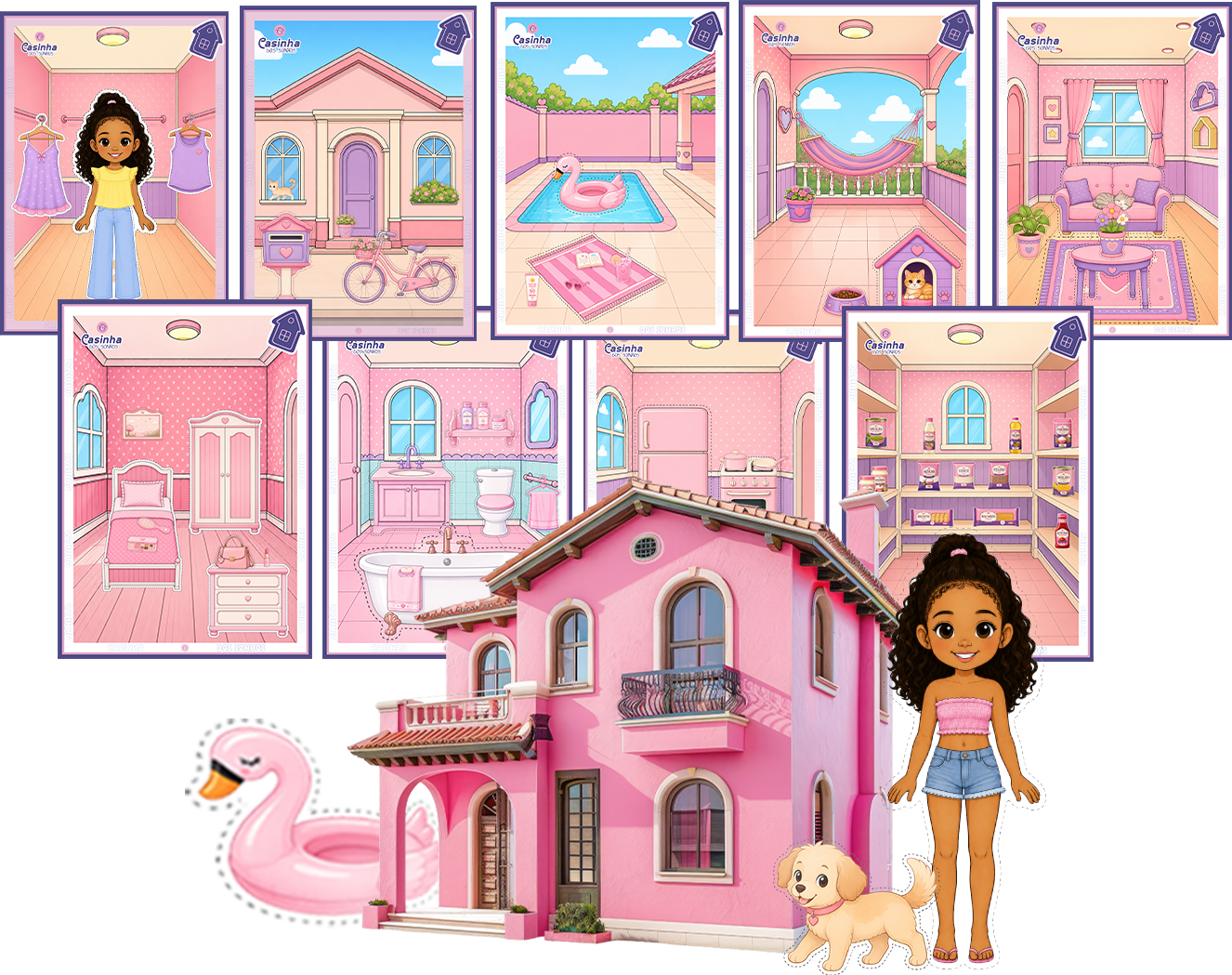 Os 7 ambientes da Casinha dos Sonhos com boneca, cachorrinho e acessórios para recortar